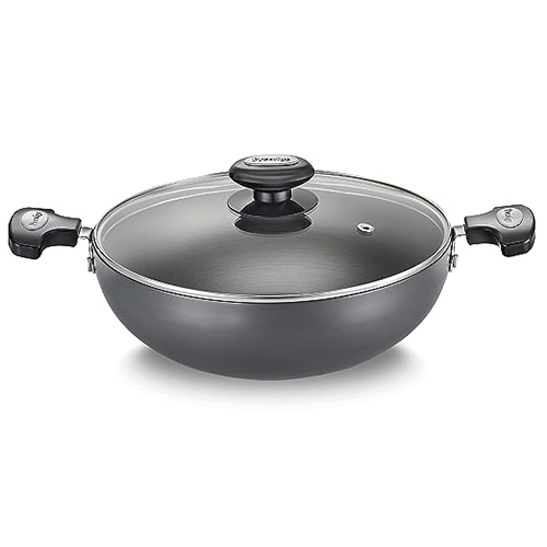 Prestige Hard Anodised Plus Gas and Induction Compatible Kadai with Glass Lid, 300 mm (Black)