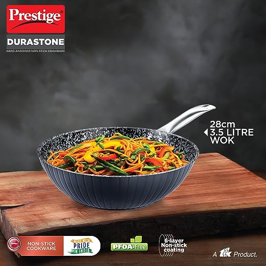 Prestige Durastone Hard Anodised 6 Layer Non-Stick Wok, (28 cm, 3.5 Litre) (Black)