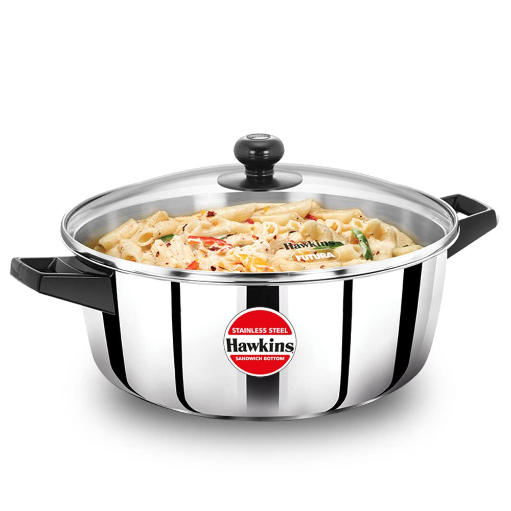Hawkins Stainless Steel Cook n Serve Casserole with Glass Lid 5L | 28cm (SSCB50G)
