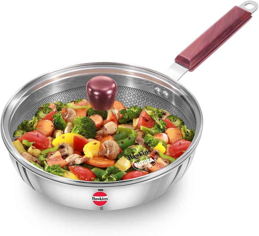 Hawkins Tri-Ply Stainless Steel Frying Pan with Glass Lid 22cm  | with Shielded Nonstick | NSF22G