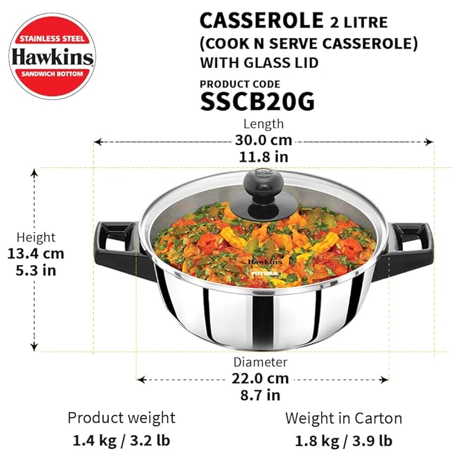 Hawkins Stainless Steel Cook n Serve Casserole with Glass Lid 2L (SSCB20G)