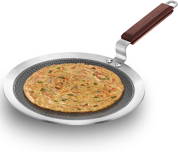 Hawkins 26 cm Paratha Tava, Triply Stainless Steel Shielded Nonstick Tawa with Rosewood Handle, Honeycomb Non Stick Induction Tawa, Silver (NSPT26)