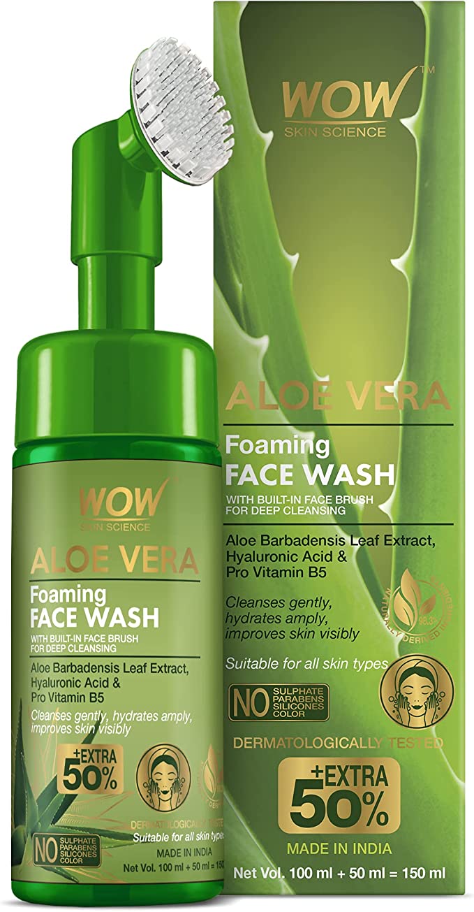 WOW Skin Science Aloe Vera Foaming Face Wash with Built-In Face Brush for deep cleansing 150ml