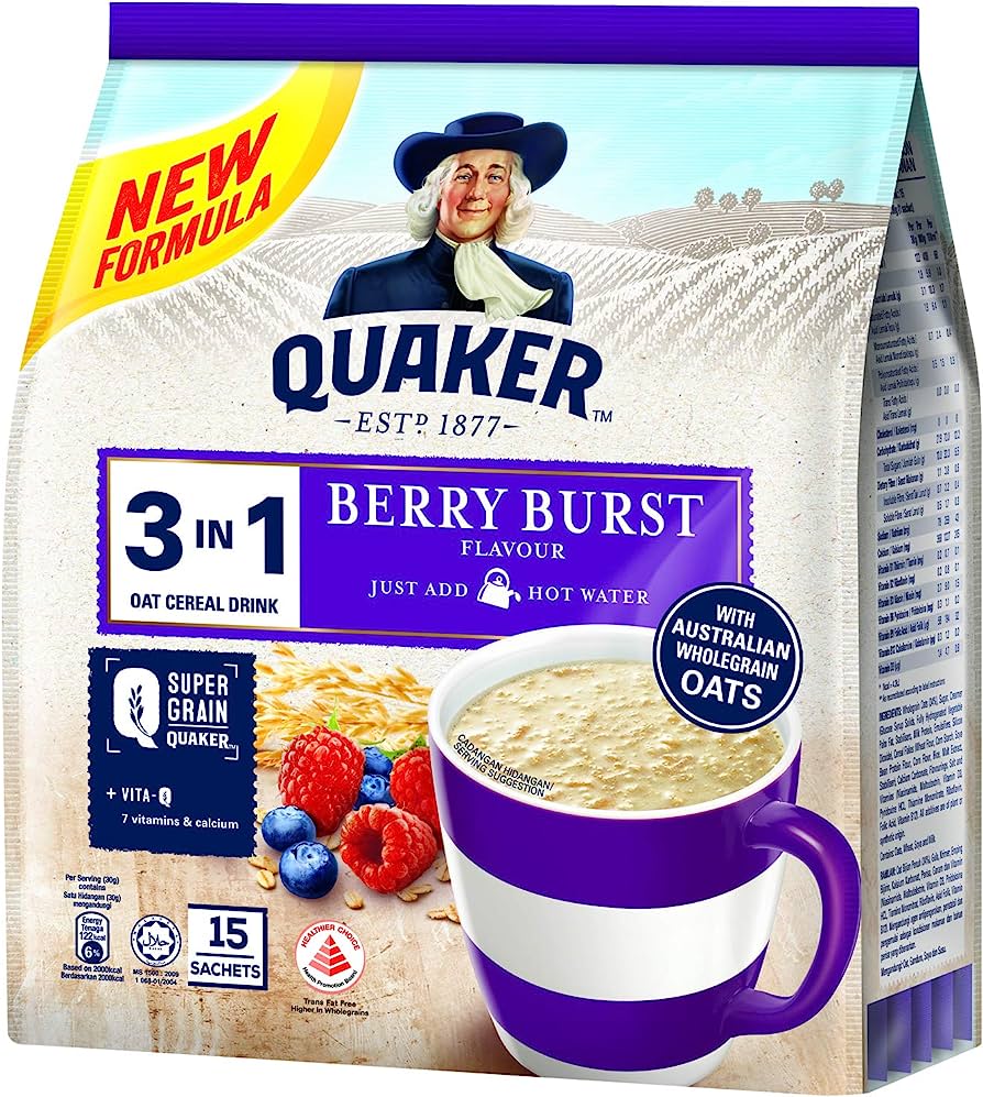 Quaker 3 In 1 Instant Oat Cereal Drink, Berry Burst 15 Sachets * 30g