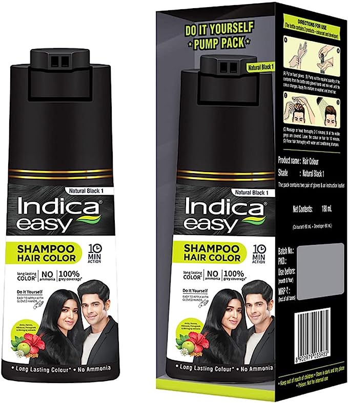 Indica Easy Shampoo Hair Color Natural Black Pump Pack 180ml